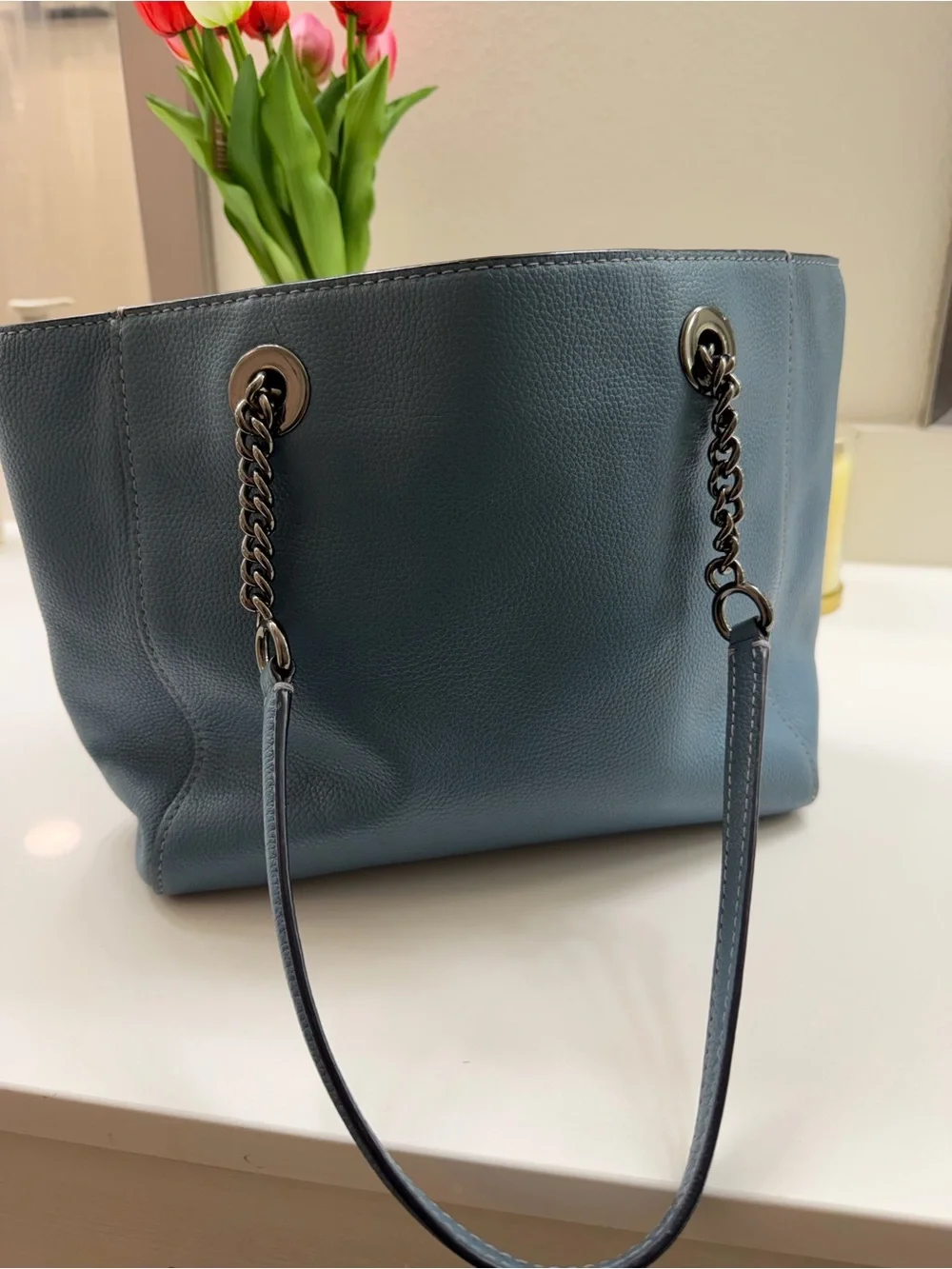 COACH NY 57107 TURNLOCK SILVER CHAIN SAGE BLUE LEATHER SHOULDER TOTE BAG